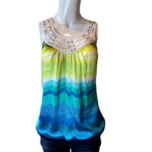 Heart Soul Women's Vibrant Chevron Tank Top Beaded Neck Yellow Turquoise Blue S